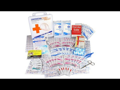 video of Bilingual OSHA Contractors First Aid Kit for Job Sites up to 50 People – Gasketed Plastic, 238 pieces displayed with contents.