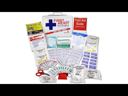 Bulk First Aid Kit, Metal, 79 Pieces, ANSI A, 25 Person displayed with components and first aid guide.
