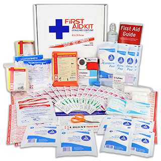 A comprehensive First Aid kit containing essential medical supplies and a guide for emergency care.