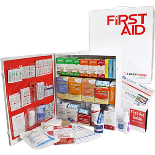 Comprehensive first aid kit displaying various supplies and a guide for emergencies and injury treatment.