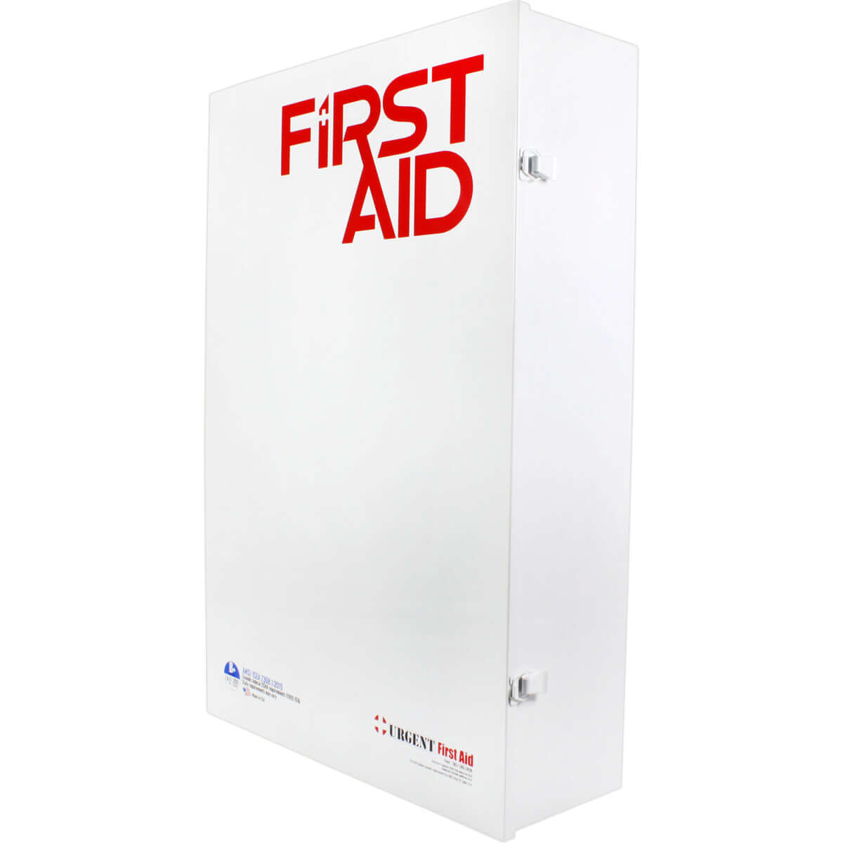 Side profile U 5 Shelf Industrial ANSI B+ First Aid Station with Door Pockets Urgent First Aid white metal case