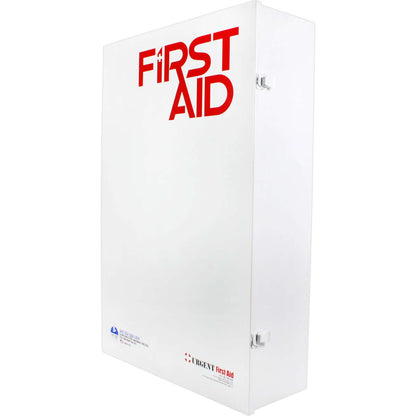 Side profile U 5 Shelf Industrial ANSI B+ First Aid Station with Door Pockets Urgent First Aid white metal case