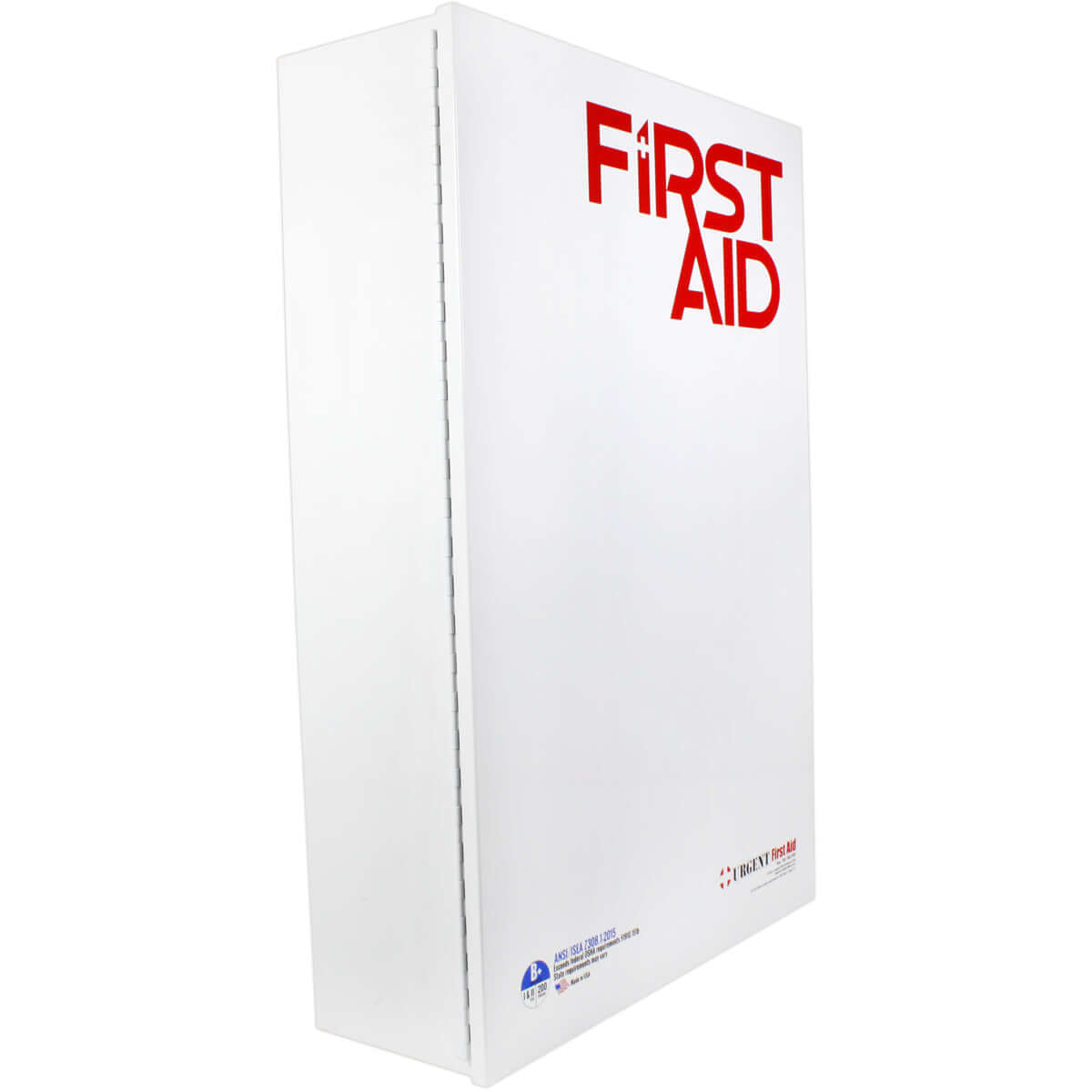 Side profile of white metal case of ANSI B+ first aid cabinet with 5 shelves of first aid and medical supplies including medication.