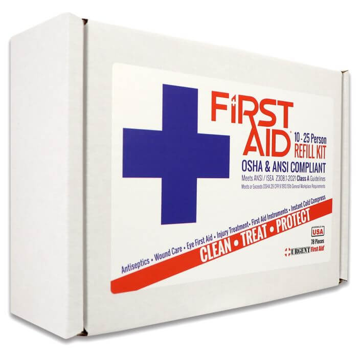 Bulk First Aid Kit Refill, 78 Pieces, ANSI A, 25 Person - Urgent First Aid kit packaging.