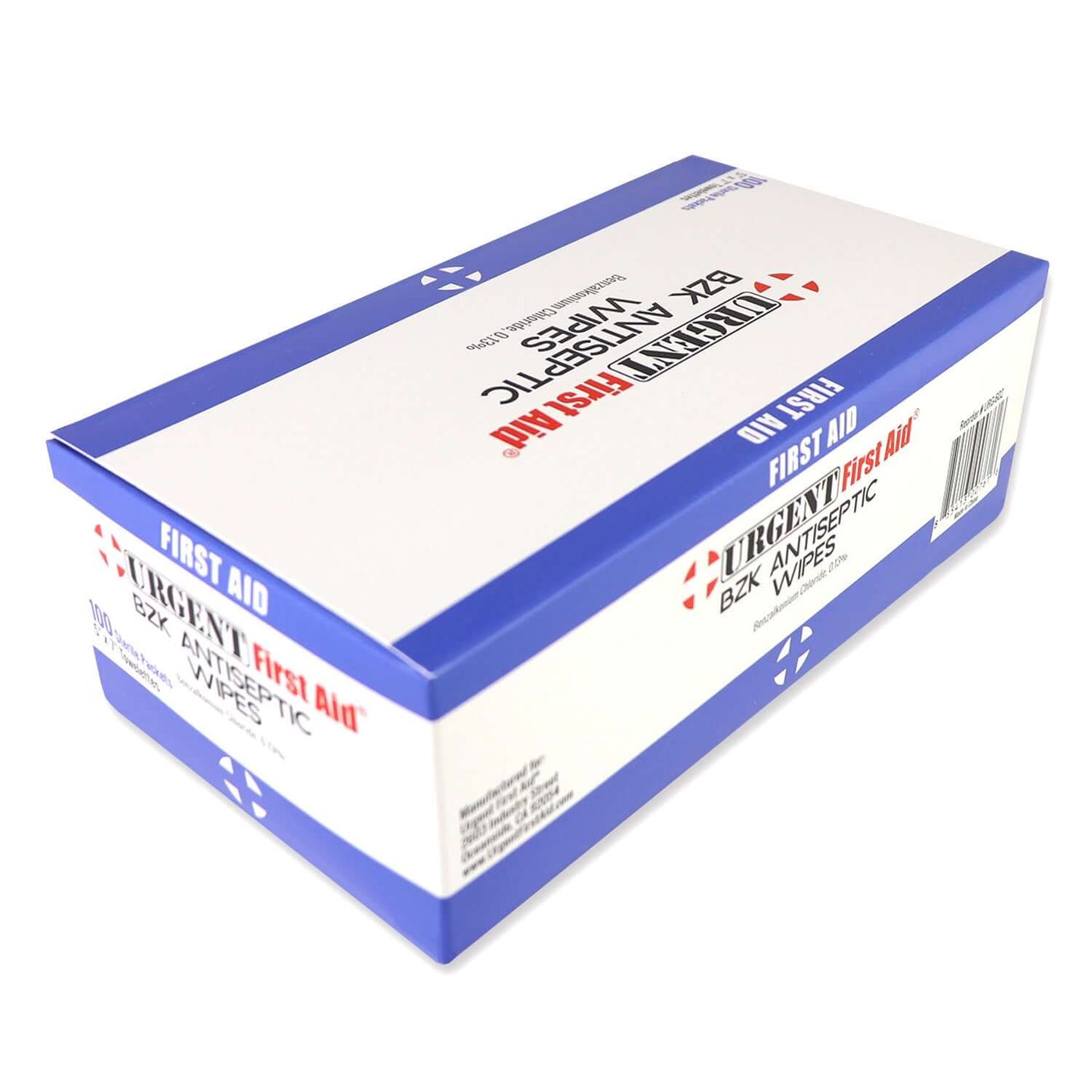 BZK Antiseptic Wipes, 100 Per Box, packaging view, first aid antiseptic wipes with benzalkonium chloride.