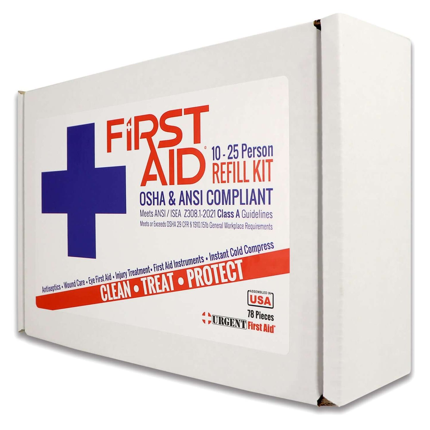 Bulk First Aid Kit Refill, 78 Pieces, ANSI A, 25 Person - Urgent First Aid refill kit packaging.
