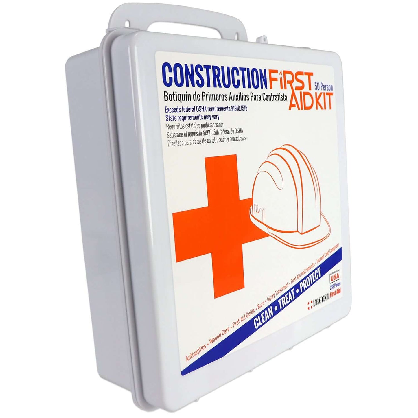 Bilingual OSHA Contractors First Aid Kit for Job Sites up to 50 People – Gasketed Plastic, 238 pieces, white case with red cross.