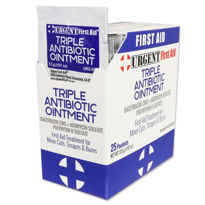 Triple Antibiotic Ointment, 0.5gm, 25 Packets Per Box for first aid treatment of cuts and burns.