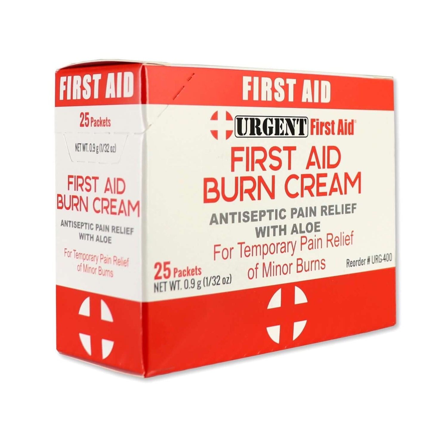 First Aid Burn Cream .9gram, 25 Packets Per Box packaging for antiseptic pain relief with aloe.