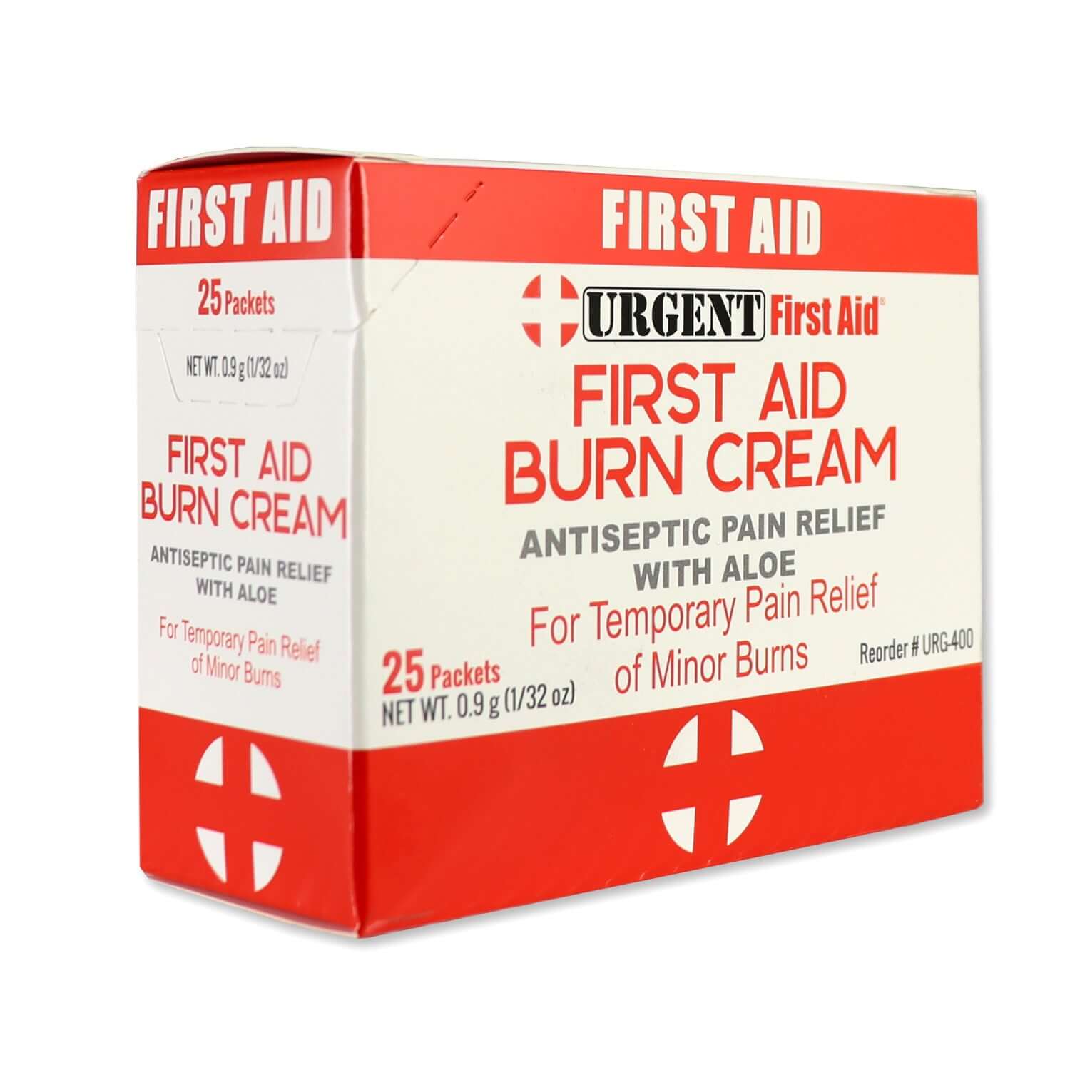 First Aid Burn Cream .9gram, 25 Packets Per Box packaging for antiseptic pain relief with aloe.