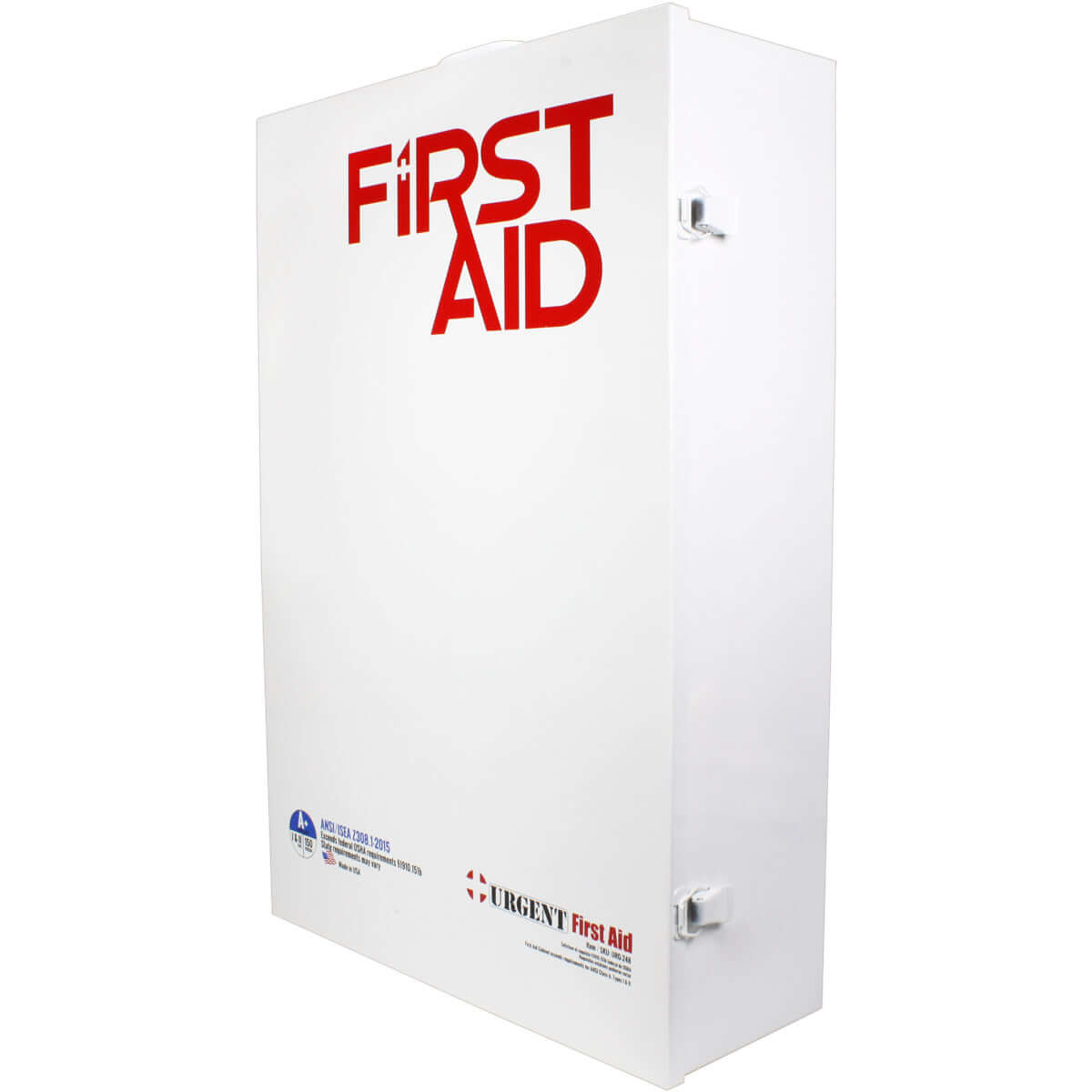 Side profile of white metal case of ANSI A first aid cabinet with 4 shelves of 1st aid and medical supplies including medication.