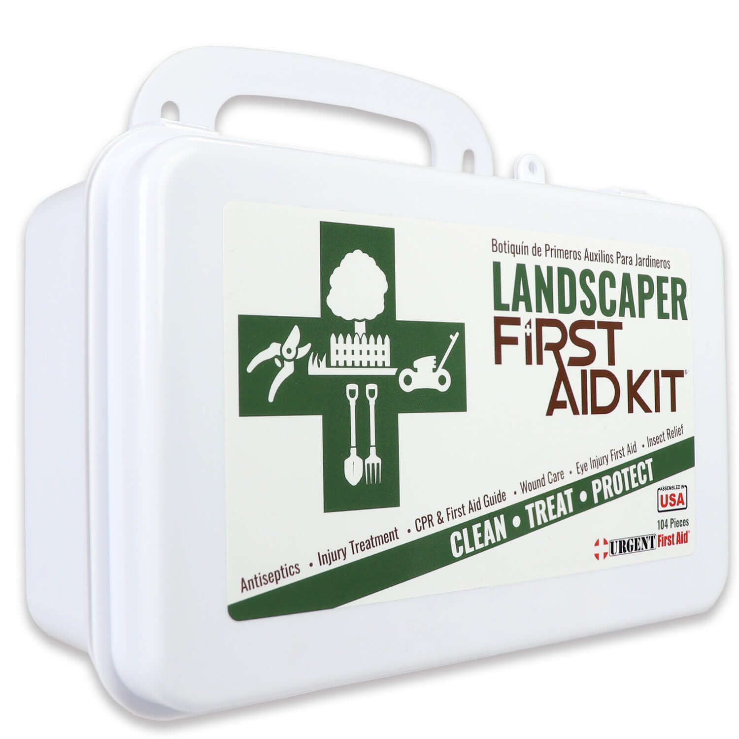 Landscaper's First Aid Kit 103 Piece, Plastic Case with tools and first aid symbols on the front.