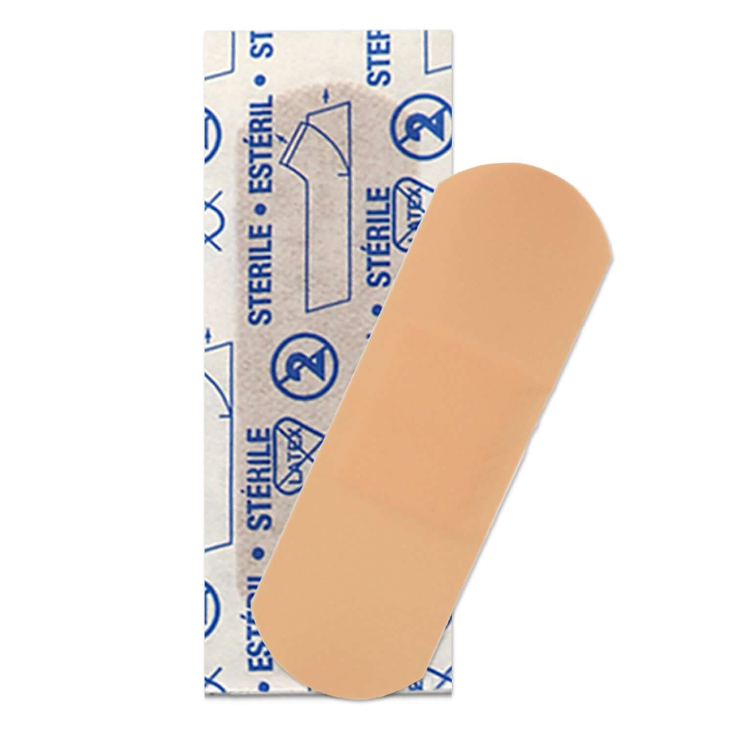 Adhesive Bandages 1" x 3" plastic strip displayed with packaging, offering protection for cuts and scrapes.