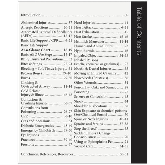 first aid and CPR booklet table of contents