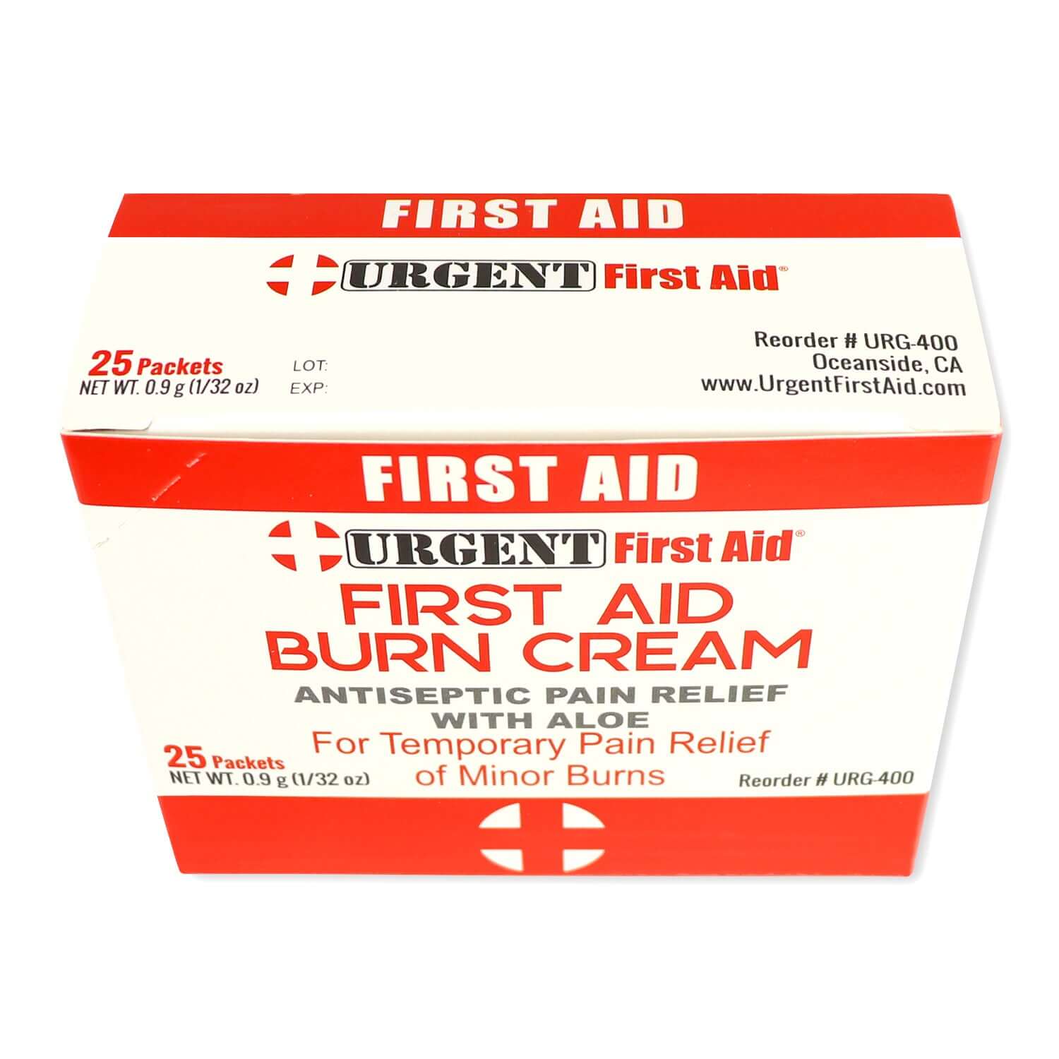 First Aid Burn Cream .9gram, 25 Packets Per Box - Antiseptic pain relief for minor burns.