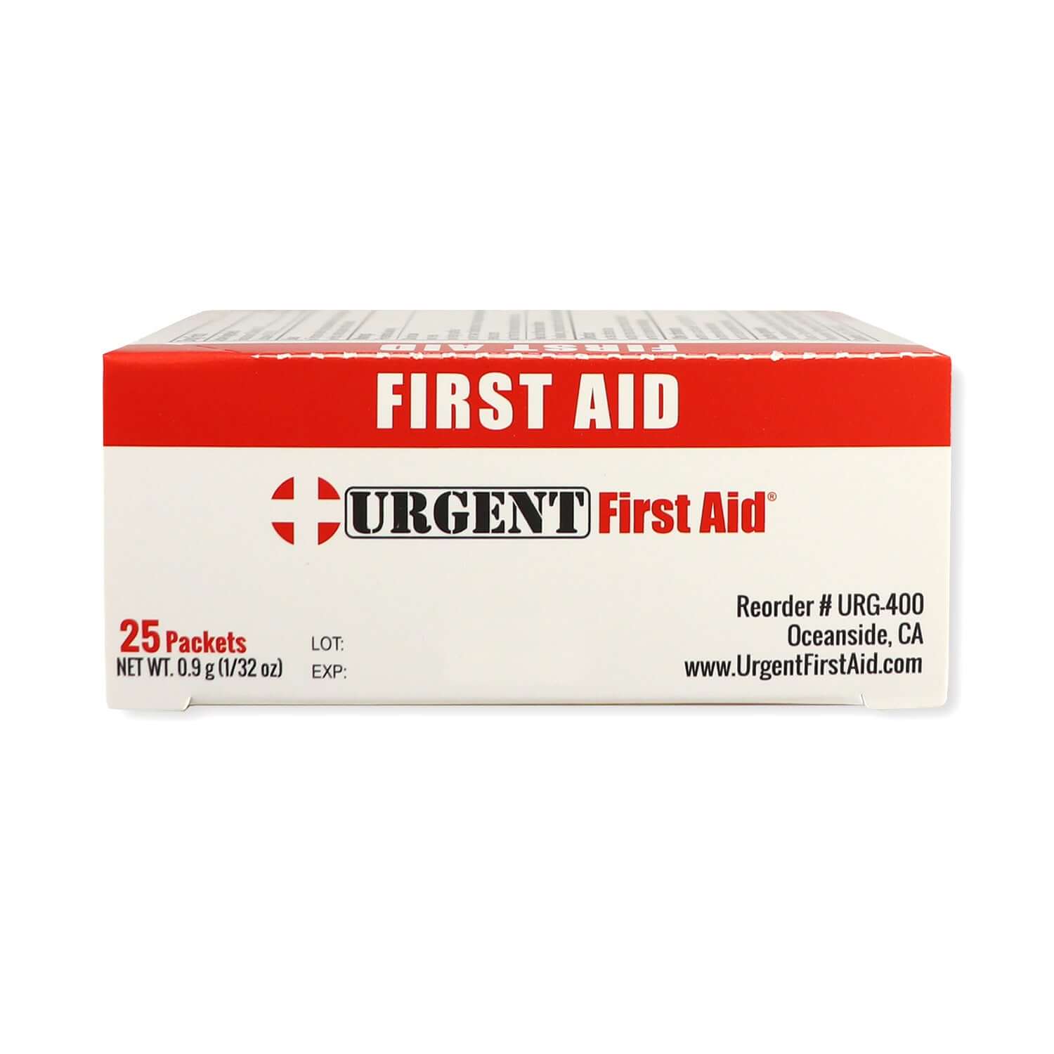 First Aid Burn Cream .9gram, 25 Packets Per Box - Urgent First Aid product packaging.