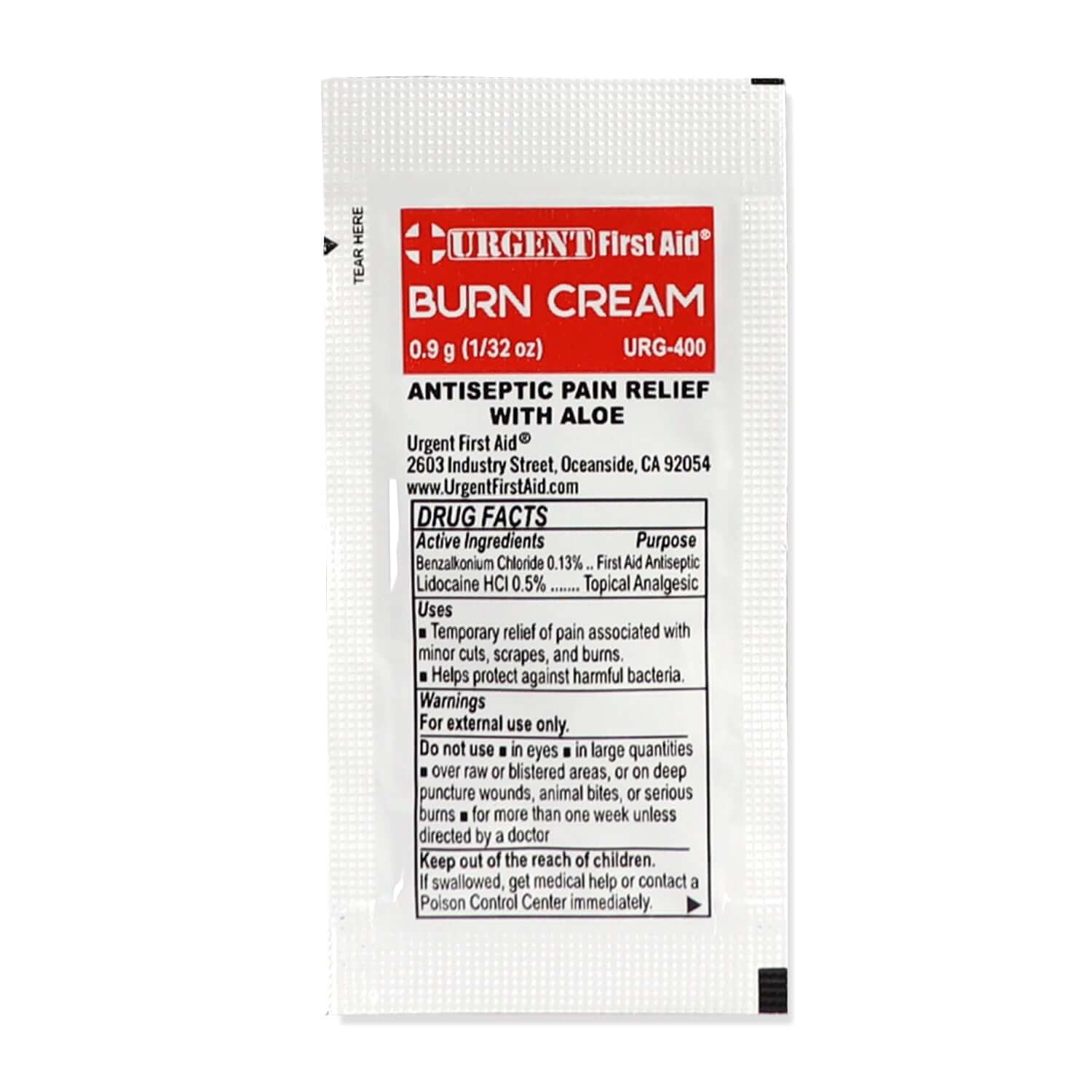 First Aid Burn Cream .9gram, 25 Packets Per Box - Urgent First Aid, topical anesthetic for burns and minor injuries.