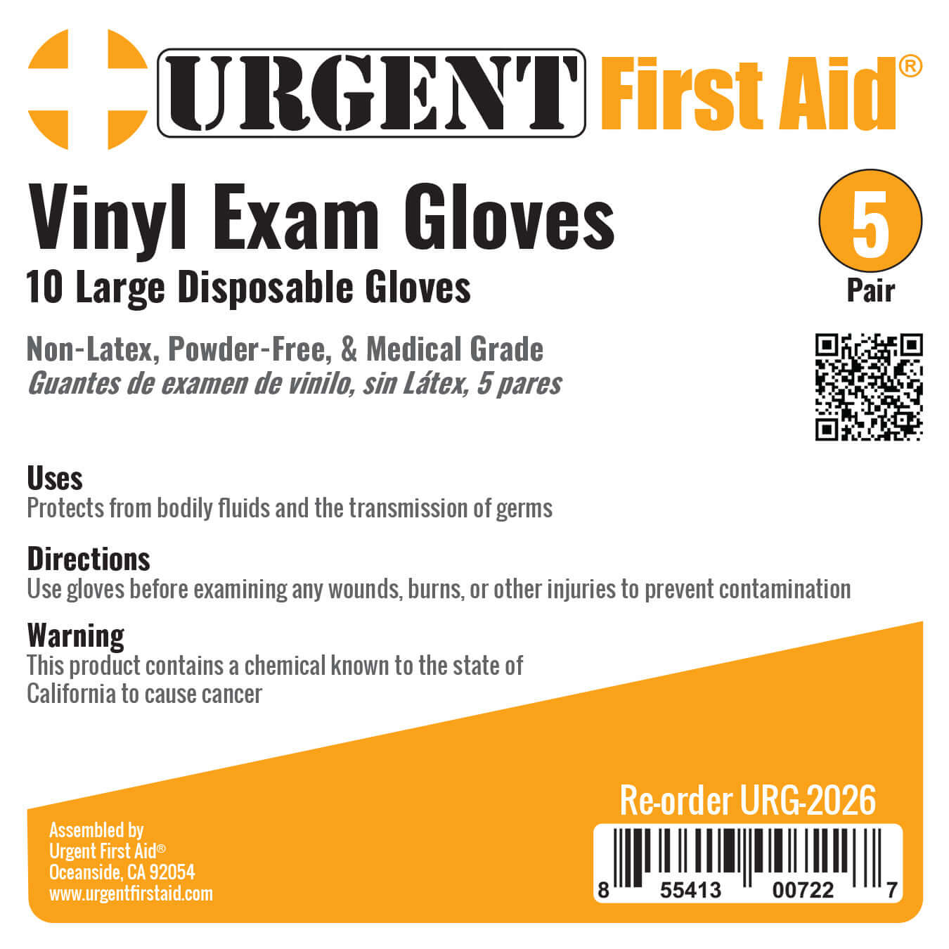Large Disposable Gloves packaging, 10 latex-free vinyl exam gloves per bag, suitable for protection against germs.