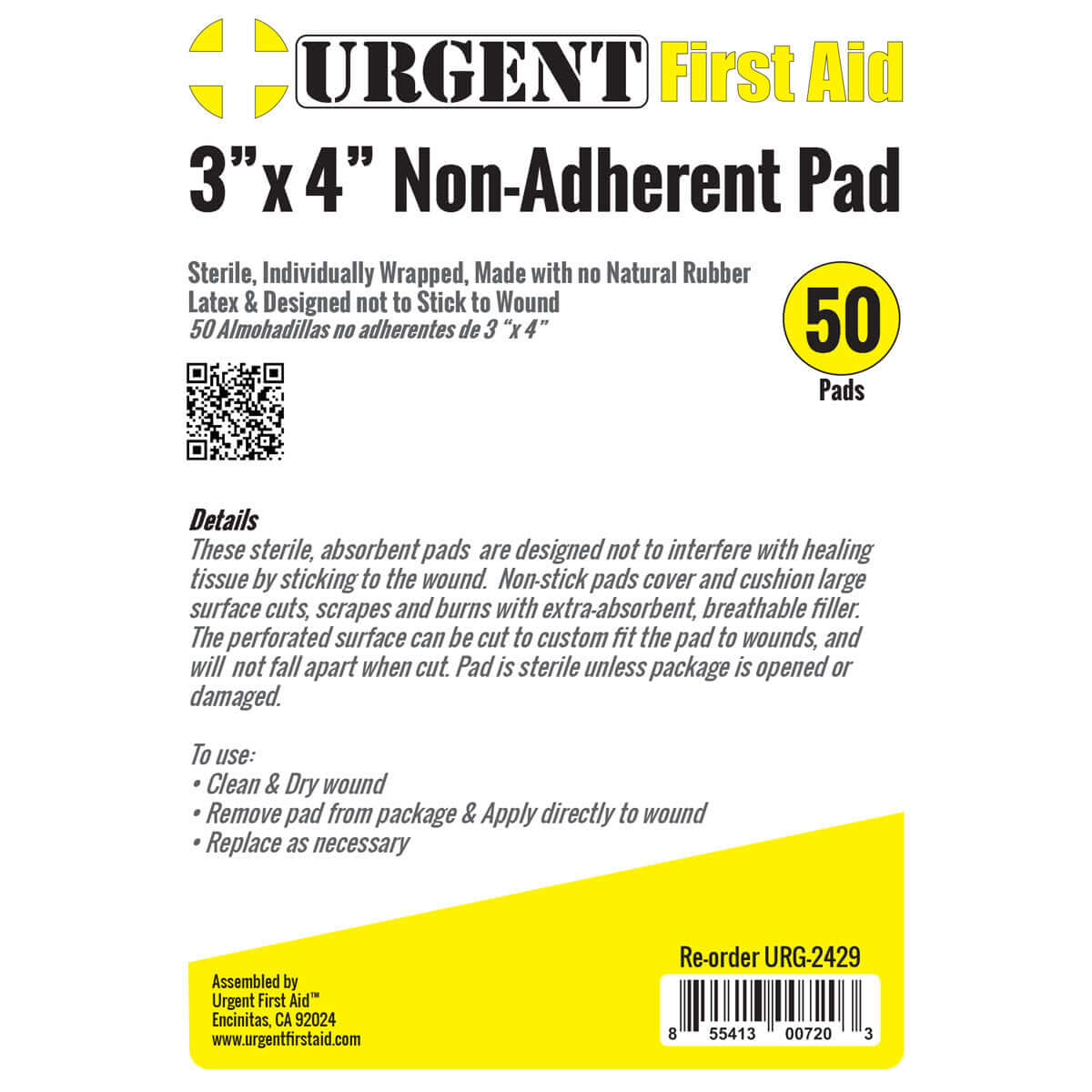 URG-2429 3"x4" Non-Adherent Pad, 50 Per Bag Urgent First Aid®