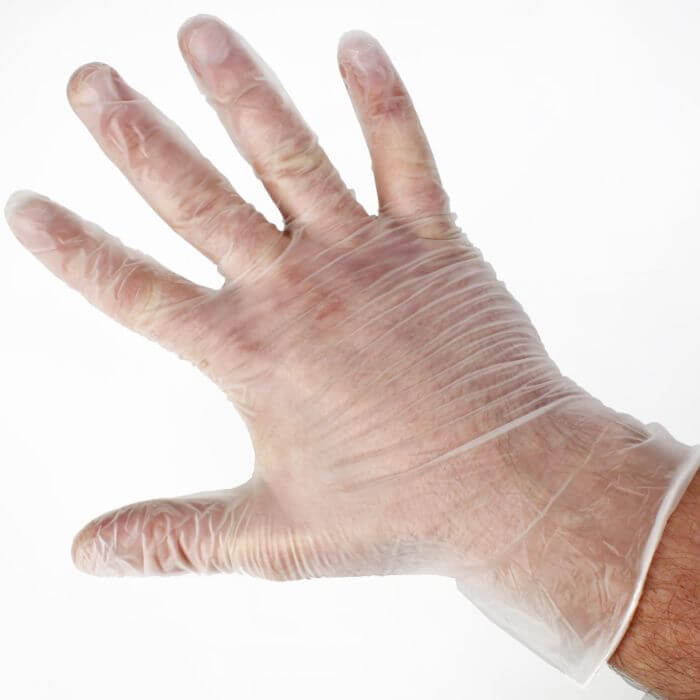 Large Disposable Gloves shown on a hand, ideal for protecting against germs and bodily fluids.