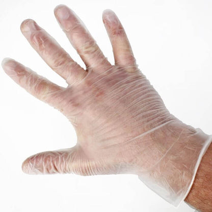 Large Disposable Gloves shown on a hand, ideal for protecting against germs and bodily fluids.